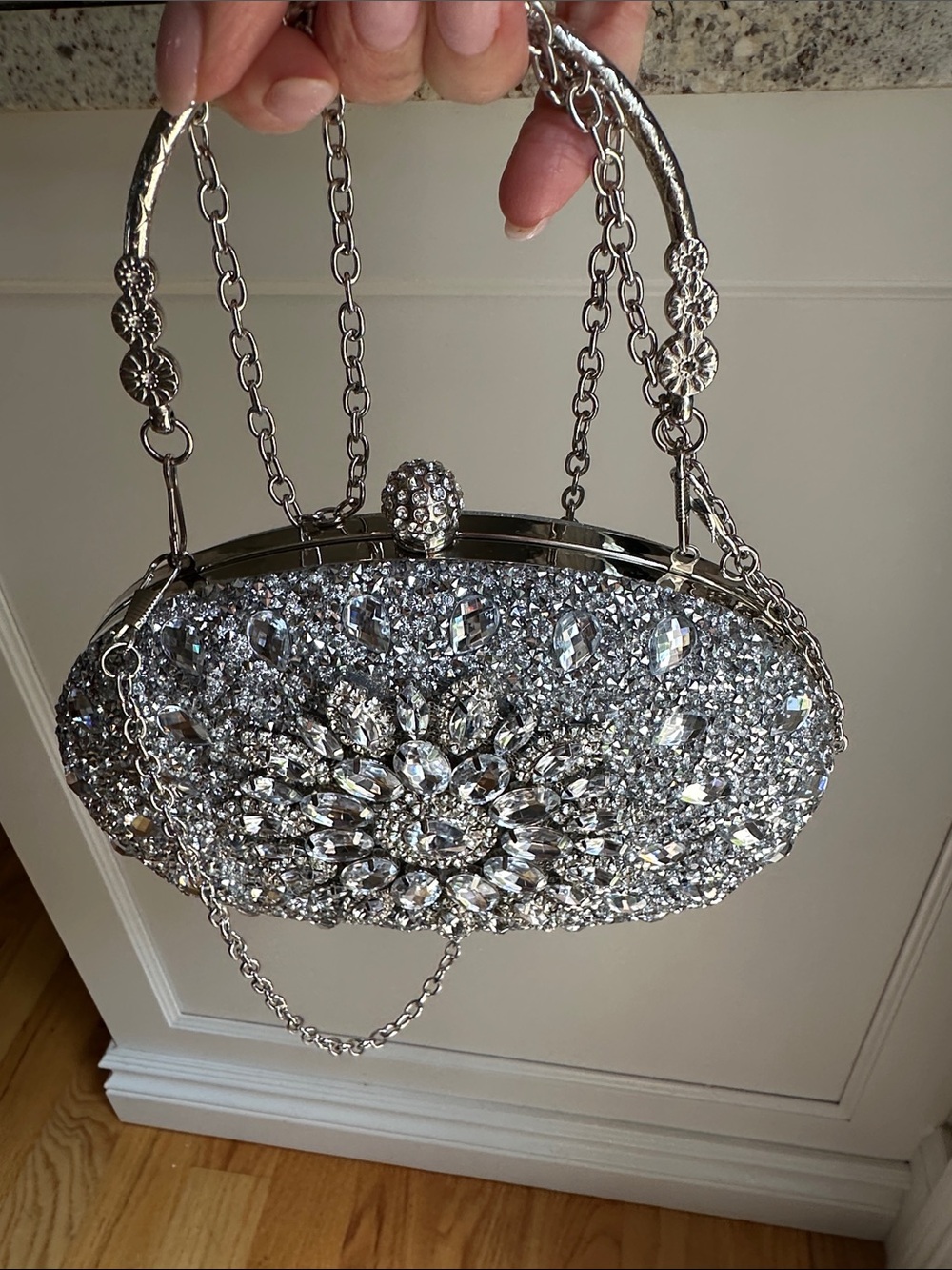 Crystal Floral Silver Evening Clutch with Detachable Chain - LIKE NEW
